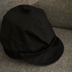Vintage BEBE pageboy style black cotton hat with visor and button detail